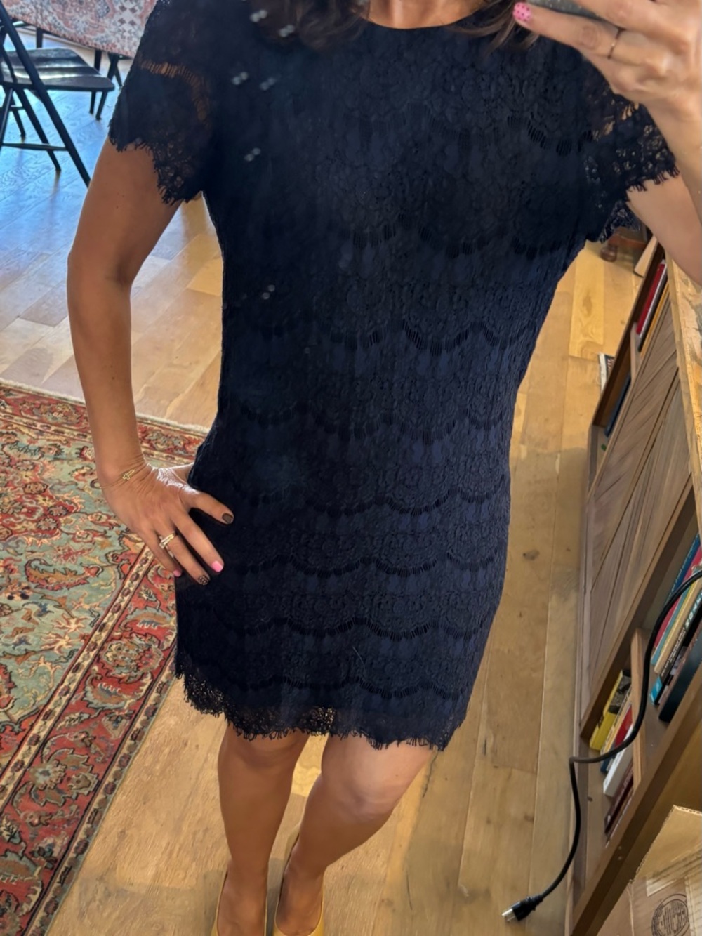 Classic Navy Lace Short Sleeve Shift Dress